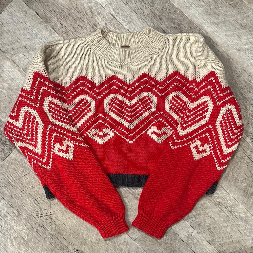Red and Cream Heart Pattern Sweater